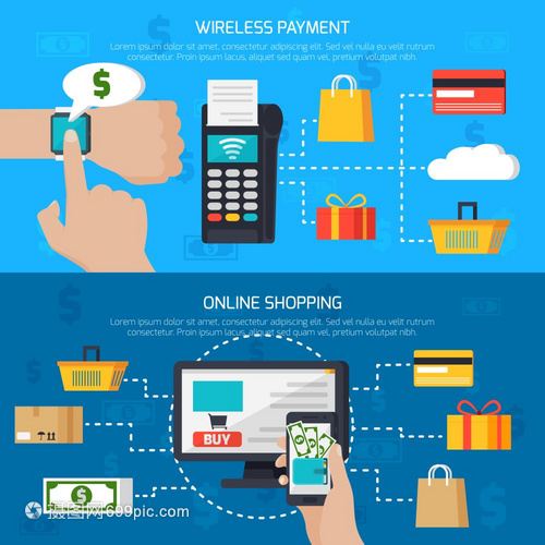 無線支付網(wǎng)上購(gòu)物橫幅無線支付網(wǎng)上購(gòu)物兩個(gè)水平橫幅與客戶用小工具購(gòu)買互聯(lián)網(wǎng)平矢量插圖